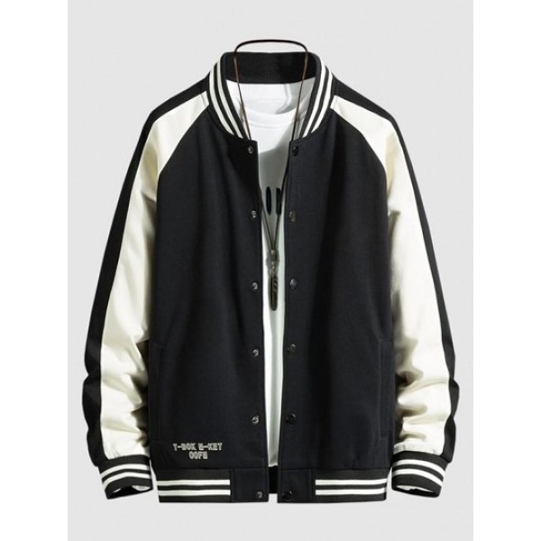 Striped Two Tone Snap Button Graphic Baseball Varsity Jacket