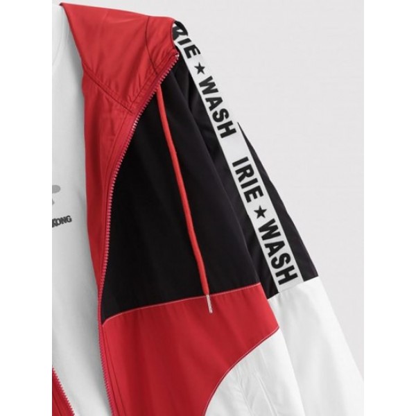 Colorblock Panel Letter Patch Zip Hooded Jacket