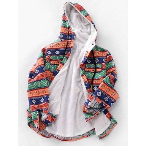 Tribal Ethnic Aztec Printed Fluffy Lined Hooded Shirt Jacket