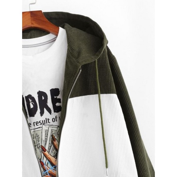 Hooded Drawstring Contrast Corduroy Zip Jacket