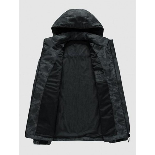 Graphic Print Zipper Pocket Cuffed Hooded Jacket