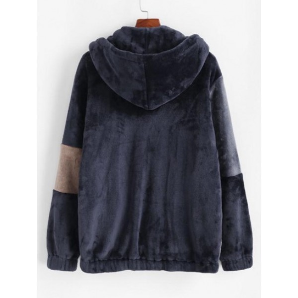 Hooded Zip Up Contrast Fluffy Jacket