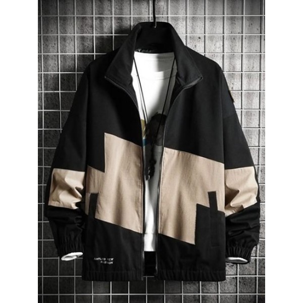 Colorblock Patchwork Letter Print Zip Jacket