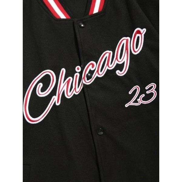 Letter Chicago Pattern Embroidery Button Fly Baseball Varsity Jacket