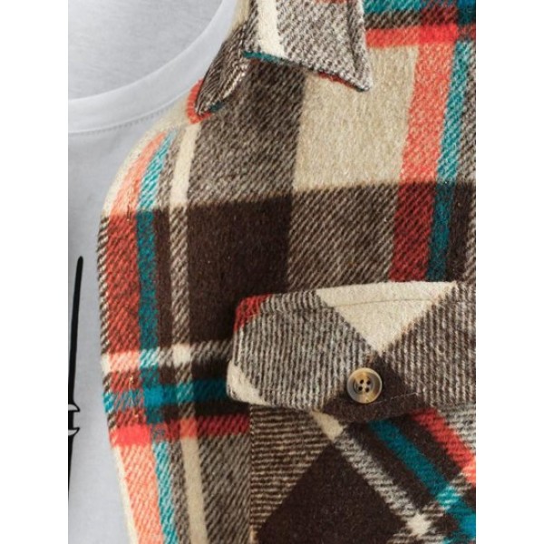 Plaid Print Double Pockets Wool Blend Shacket