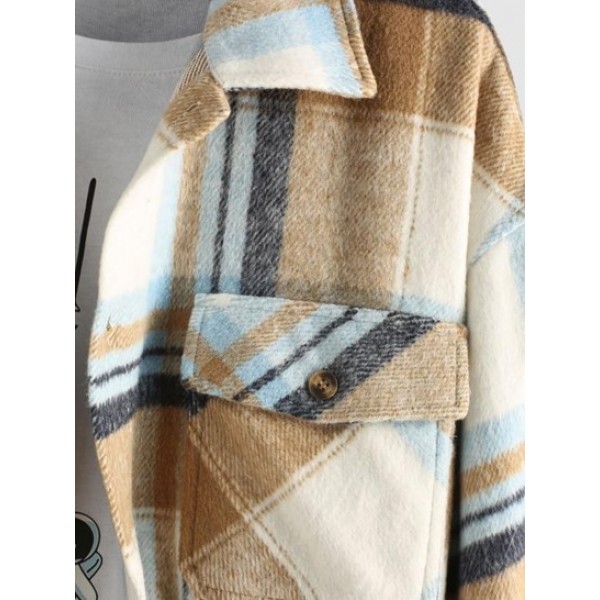 Plaid Printed Double Pockets Wool Blend Shacket