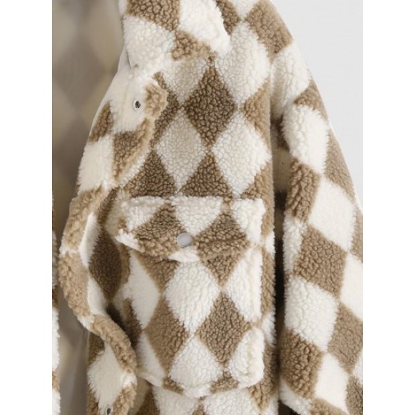 Rhombus Pattern Fluffy Faux Shearling Shacket