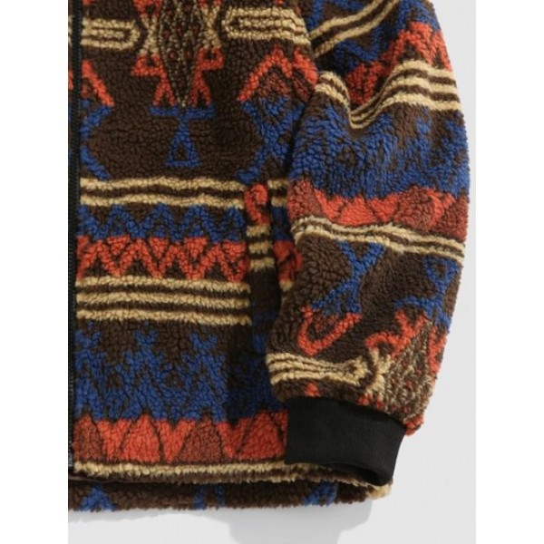 Tribal Ethnic Aztec Printed Faux Shearling Zip Fluffy Jacket