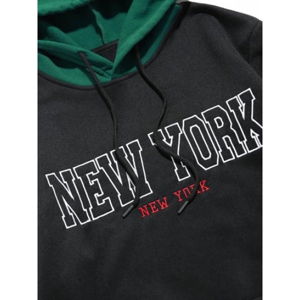 Colorblock NEW YORK Embroider Fleece-lined Hoodie