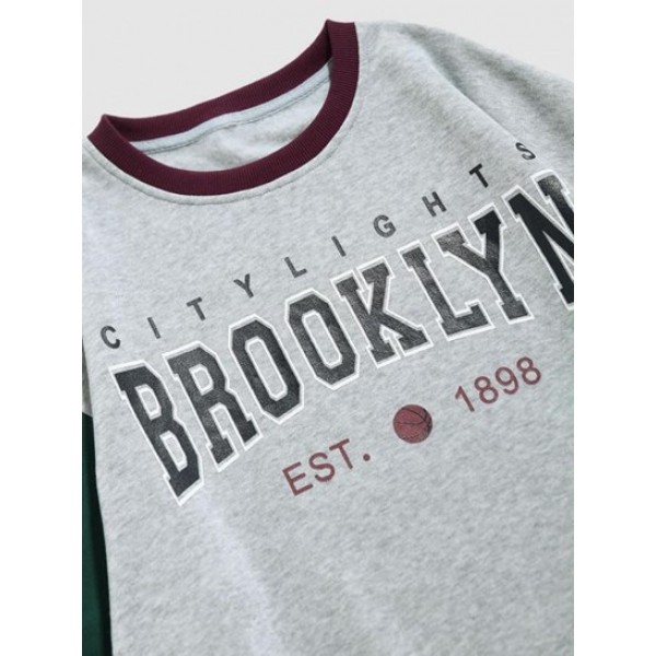 Colorblock Fleece-lined BROOKLYN Letter Printed Sweatshirt