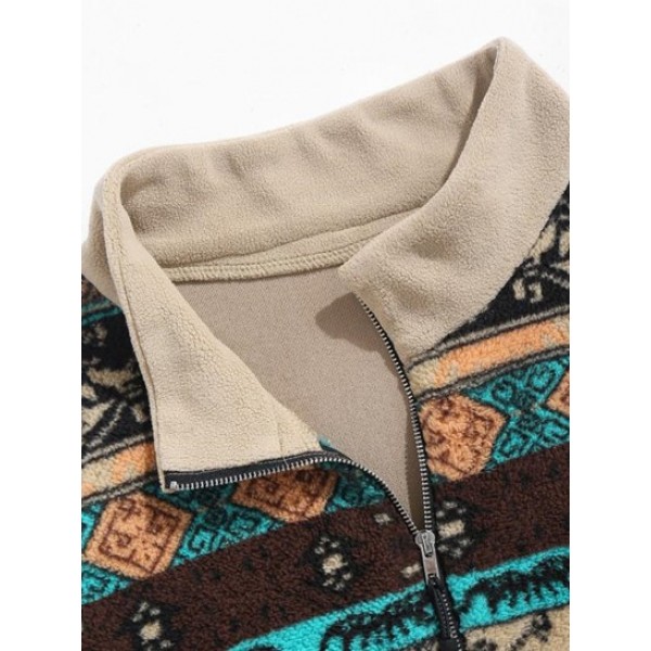 Geometric Ethnic Aztec Printed Quater Zip Fluffy Sweatshirt