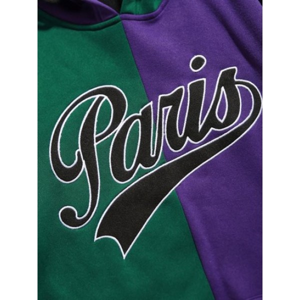 Letter Paris Embroider Fleece-lined Colorblock Hoodie