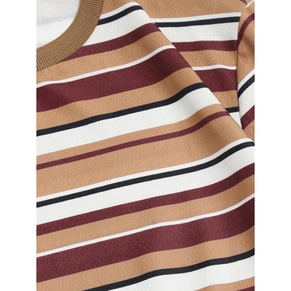 Striped Print Ribbed Collar Casual T-shirt