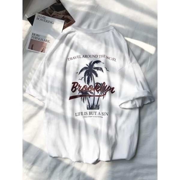 Coconut Tree Letter Brooklyn Graphic Print Vacation T-shirt