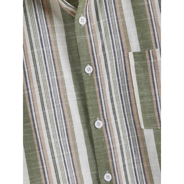 Button Up Balanced Vertical Stripe Print Short Sleeve Pocket Shirt