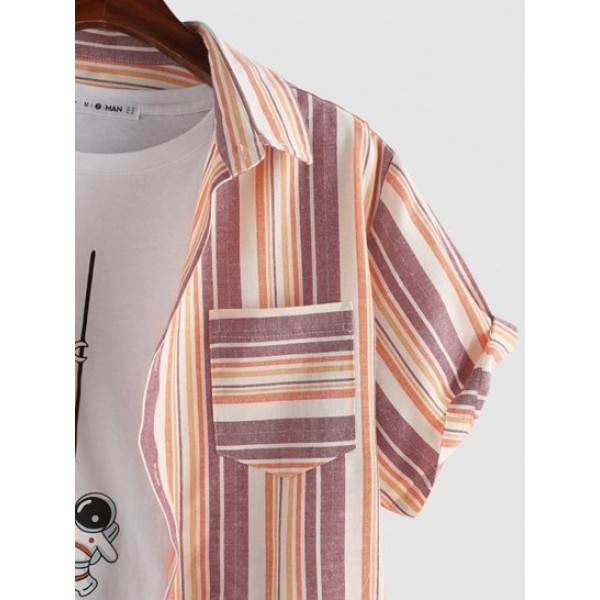 Button Up Stripe Print Short Sleeve Shirt