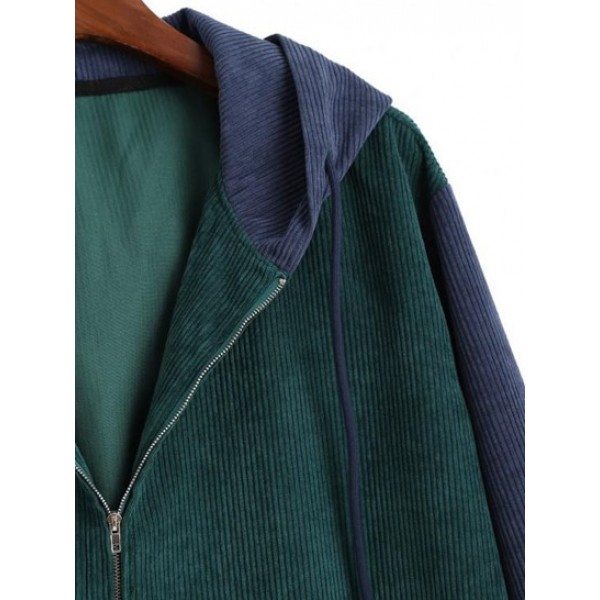 Colorblock Patchwork Corduroy Hooded Zip Jacket