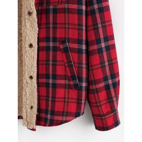 Plaid Print Faux Shearling Fluffy Lined Shirt Jacket