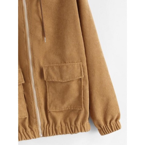 Hooded Double Pockets Zip Corduroy Jacket