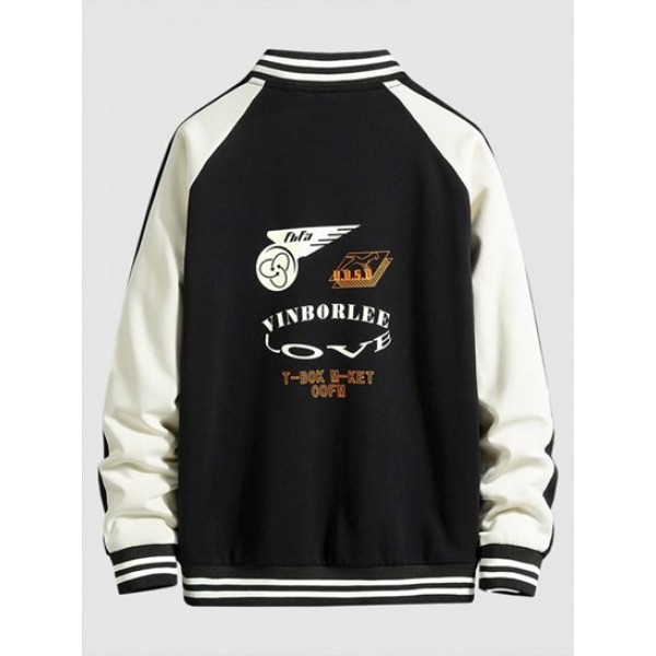 Striped Two Tone Snap Button Graphic Baseball Varsity Jacket