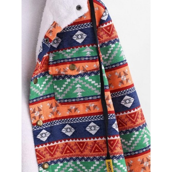 Tribal Ethnic Aztec Printed Fluffy Lined Hooded Shirt Jacket