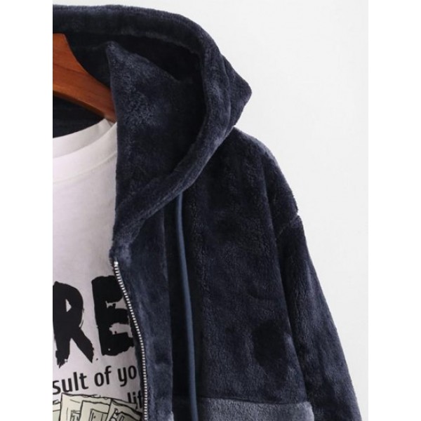 Hooded Zip Up Contrast Fluffy Jacket