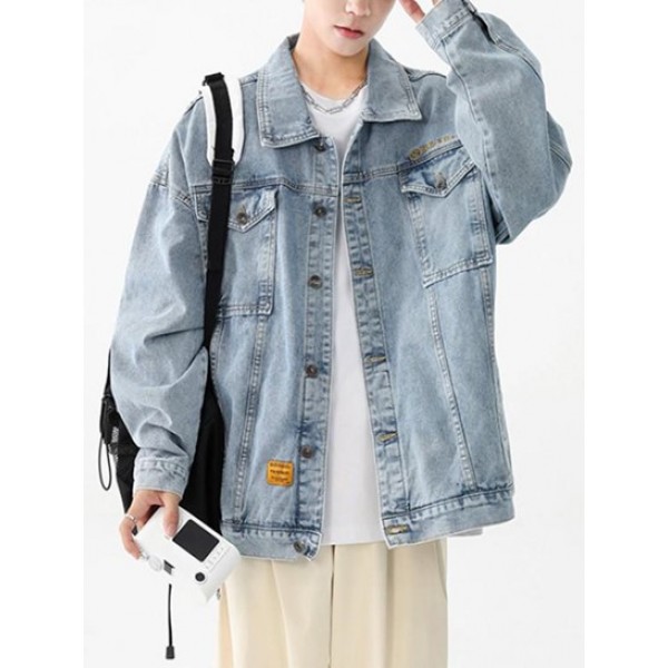 Button Fly Letter Embroidered Front Pocket Design Denim Jacket