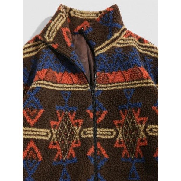 Tribal Ethnic Aztec Printed Faux Shearling Zip Fluffy Jacket