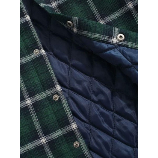 Plaid Print Double Pockets Hooded Flannel Padded Jacket