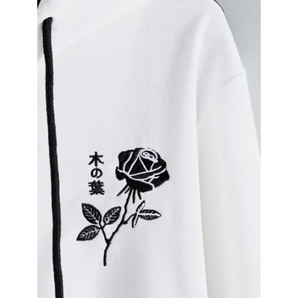 Half And Half Rose Embroidery Zip Up Hoodie Jacket