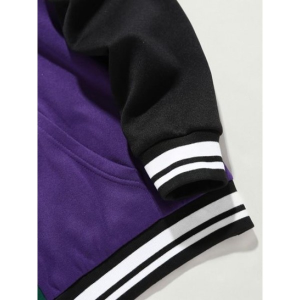 Letter Paris Embroider Fleece-lined Colorblock Hoodie