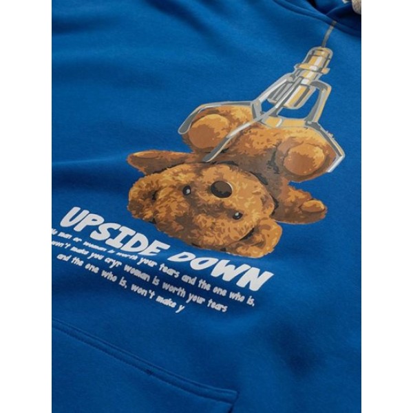 Upside Down Bear Slogan Print Pocket Pullover Hoodie