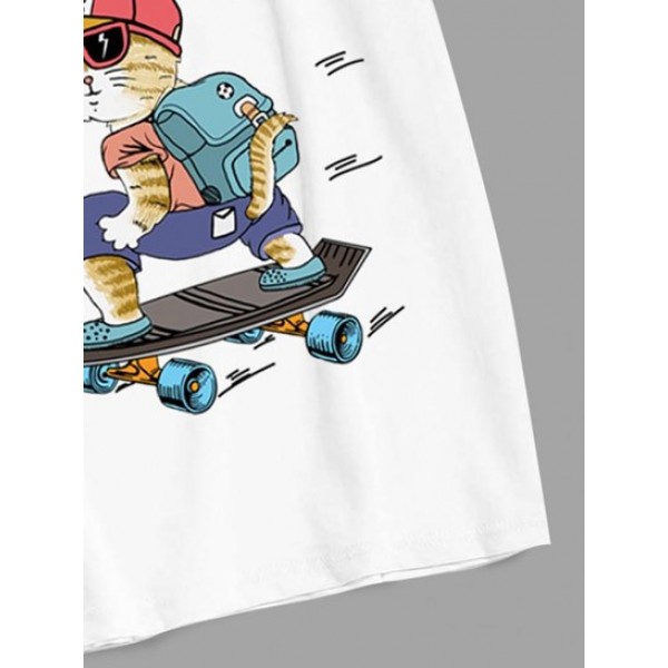 Cartoon Cat Skateboarding Short Sleeves Funny T Shirt