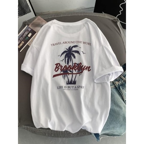 Coconut Tree Letter Brooklyn Graphic Print Vacation T-shirt