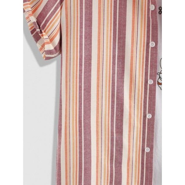 Button Up Stripe Print Short Sleeve Shirt